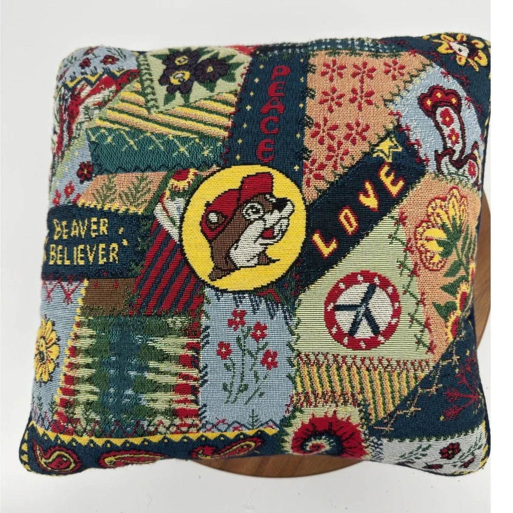 Buc-ee's Woven Tapestry Patchwork Throw Pillow Multi 14x14 Peace Love Beaver